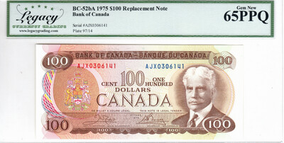 Canada $100 Dollars Replacement Note BC-52bA 1975 Gem UNC Legacy 65PPQ Banknote Serial #AJX0306141 Paper Money
