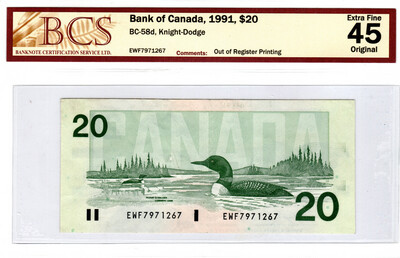 CANADA (Bank of Canada) ERROR $20 Dollars 1991 BCS Extra Fine 45 Original Banknotes CH-BC-58d Prefix EWF Paper Money (Out of Register Printing)