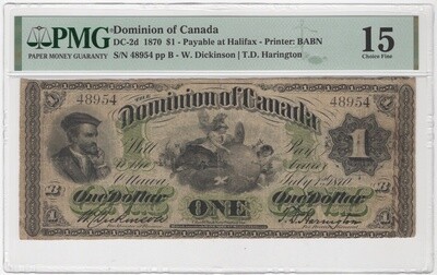 Dominion of Canada $1 Dollar 1870 Halifax Small Date DC-2d Very Fine PMG15 S/N48954/B