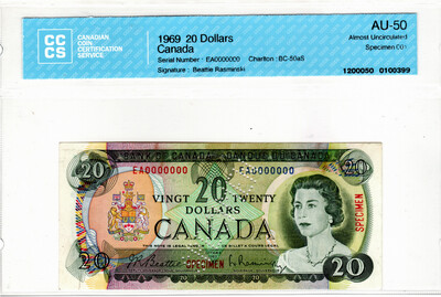 CANADA (Bank of Canada) $20 Dollars 1969 Canadian Coin Certification Service About UNC-50 Banknote CH-BC-50aS Prefix EA Paper Money SPECIMEN