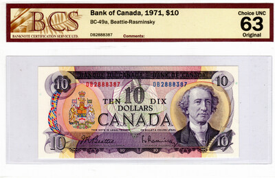 CANADA (Bank of Canada) $10 Dollars 1971 BCS Choice UNC-63 Original Banknotes CH-BC-49a Prefix DB Paper Money Beattle-Rasminsky 2 Consecutive Bills Set