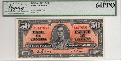 Canada $50 Dollars BC-26b 1937 Very Choice UNC Legacy 64PPQ Banknote Serial #BH3447858 Paper Money