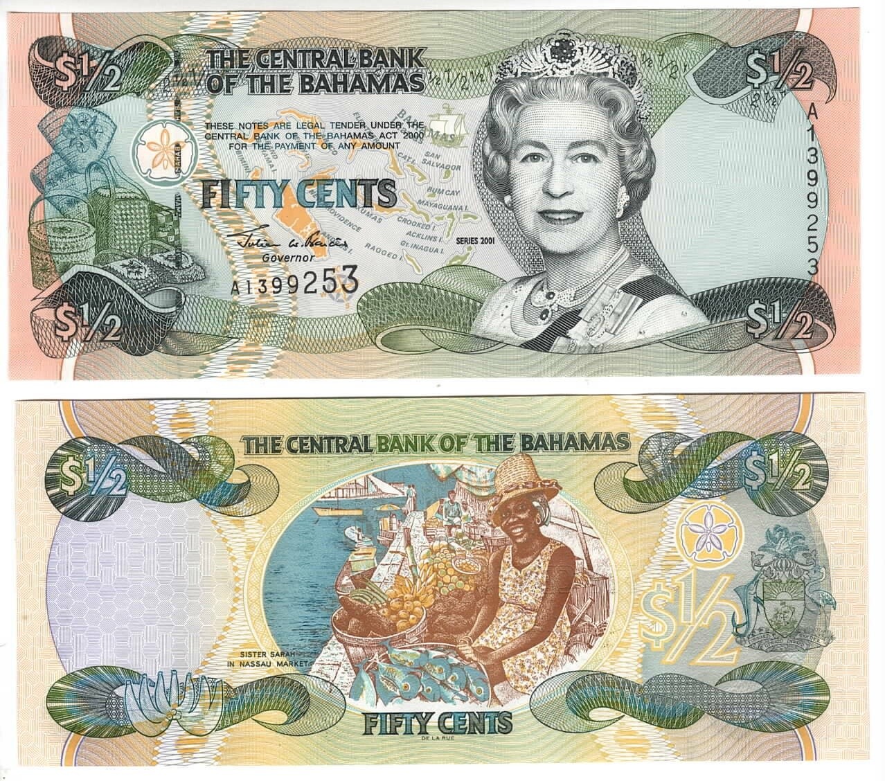 BAHAMAS $1/2 Dollar 50 Cents UNC Queen Elizabeth Banknote (2001) P-68 Prefix A