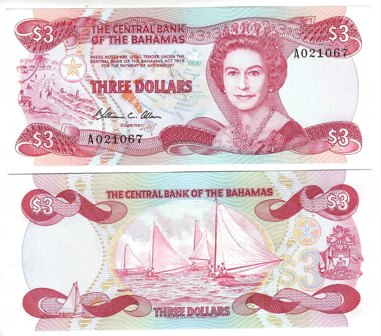 BAHAMAS $3 Dollars UNC Queen Elizabeth Banknote (1974) P-44 Prefix A Paper Money