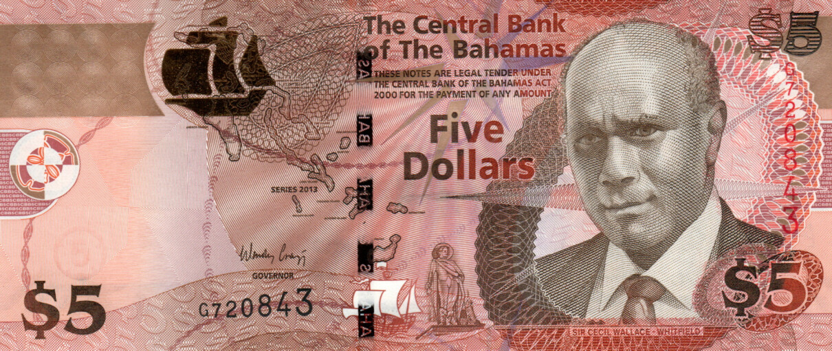 BAHAMAS CRISP Series $5 Dollars UNC Banknote (2013) P-72A Prefix G