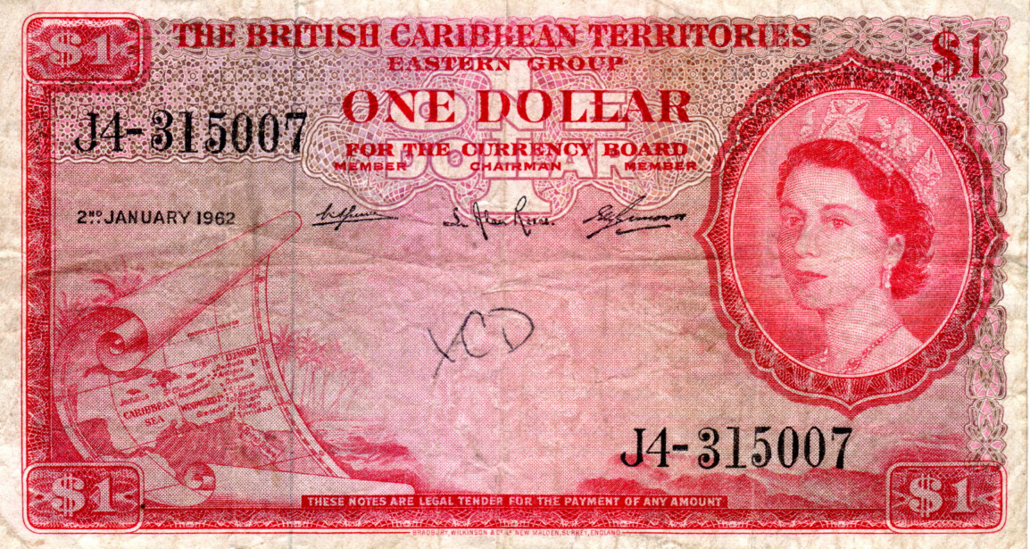 BRITISH CARIBBEAN TERRITORIES (Eastern Group) $1 Dollar 1962 Fine Banknotes Prefix J4 P-07c Paper Money