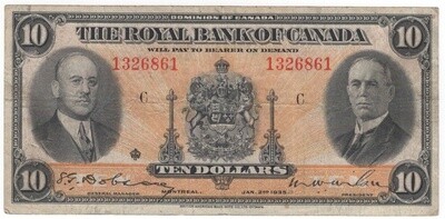 The Royal Bank of Canada Banknote 1935 $10 Series C CH-630-18-04a Very Fine S/N 1326861