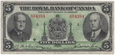 The Royal Bank of Canada 1943 $5 Banknote Series A CH-630-20-02 S/N 004384