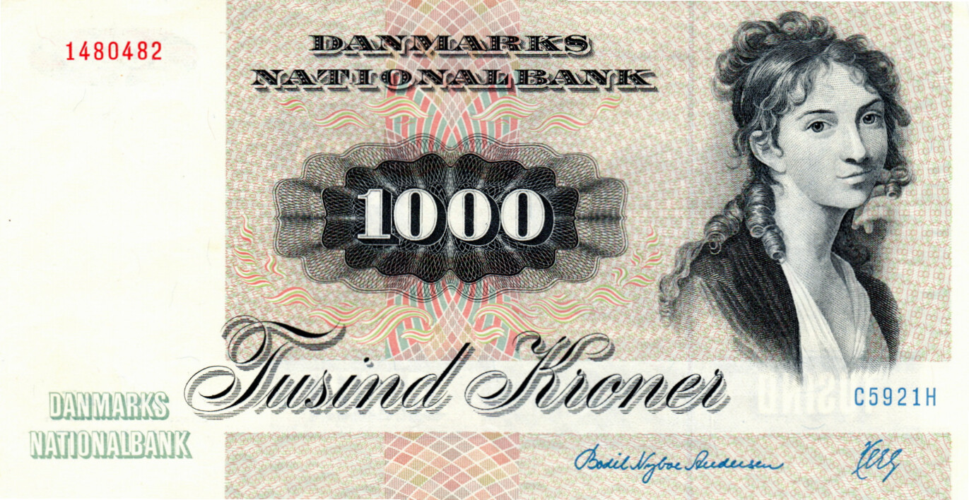 Denmark 1000 Kroner AU Rare SIgnature 1992 P-53g Pfx C5 Sfx H Andersen-Herly Signature