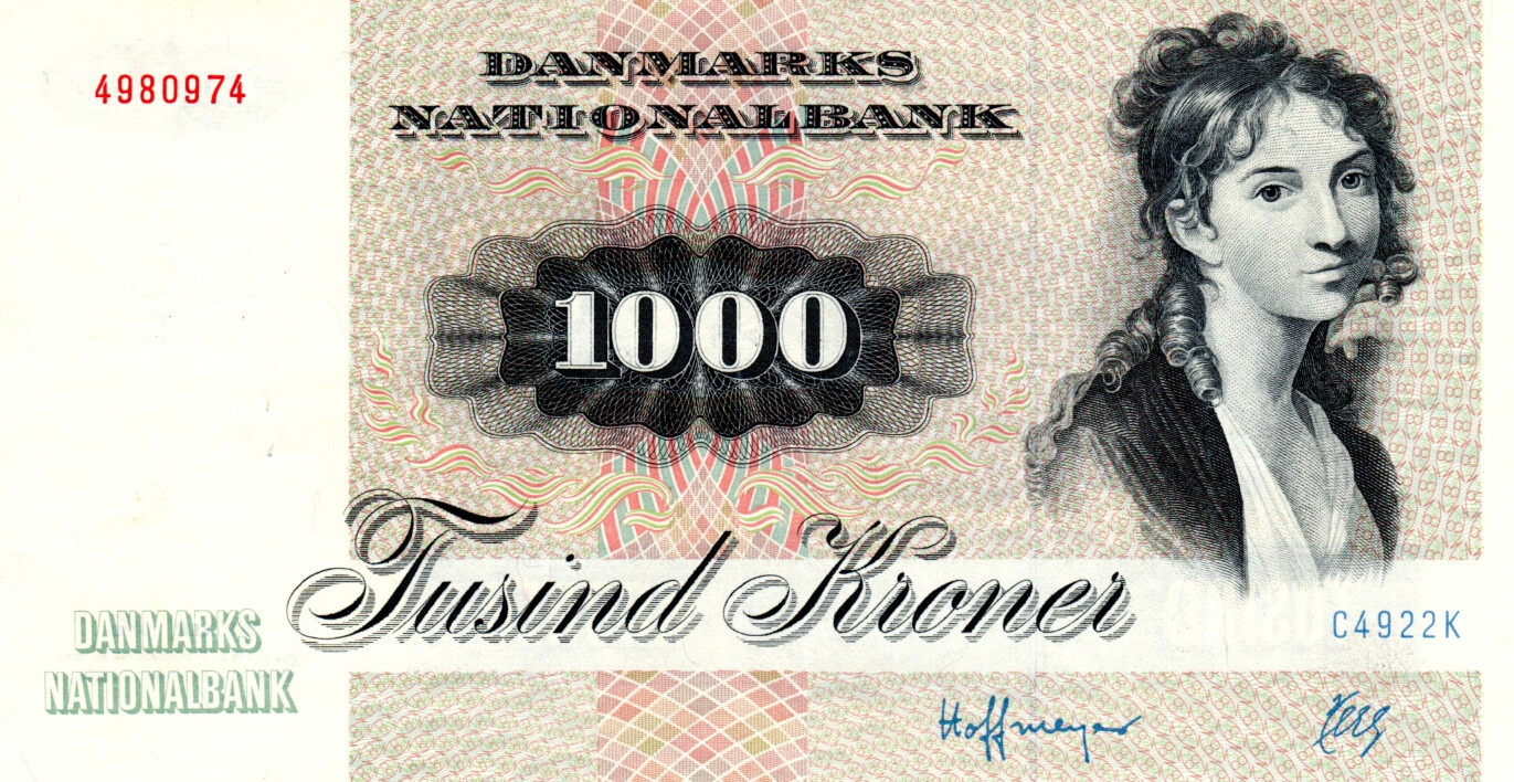 Denmark 1000 Kroner aXF Banknote 1992 P-53g Prefix C4 Suffix K Hoffmeyer-Herly Signature