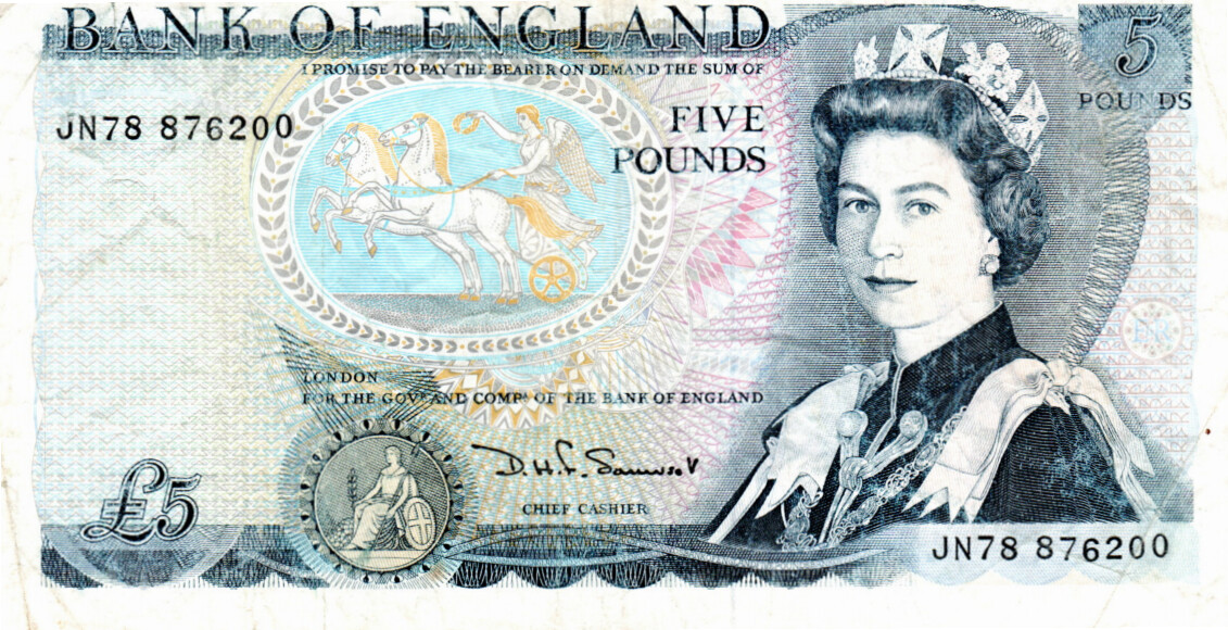 England £5 Pounds Sommerset 1980 F/VF (with minor toning) P-378c Banknote Prefix JN78 Paper Money