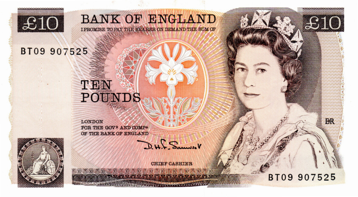 England 10 Pounds 1984 UNC with counting folds Banknote P-379c Prefix BT09 Sommerset Paper Money