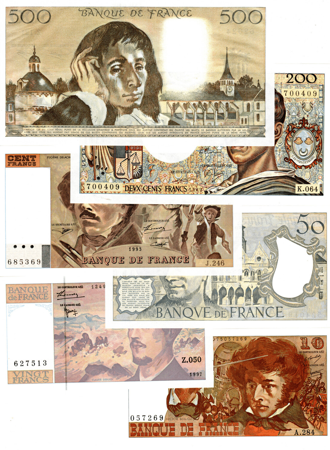 France Francs Complete UNC-60 Set 10-20-50-100-200-500 Francs Banknotes Paper Money