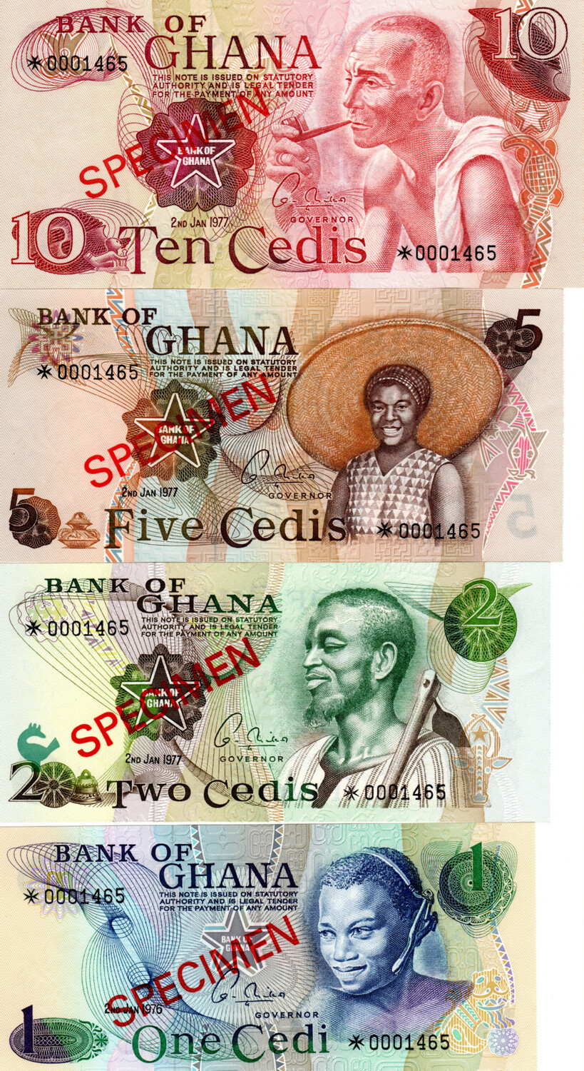 Ghana SPECIMEN Set P-13 to P-16 1-2-5-10 Cedis Banknotes