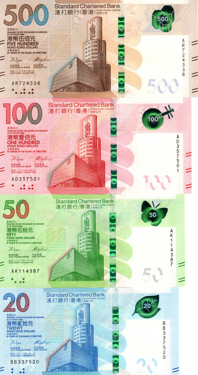 Hong Kong Standard Chartered Bank Set $20-$50-$100-$500 Banknotes Paper Money