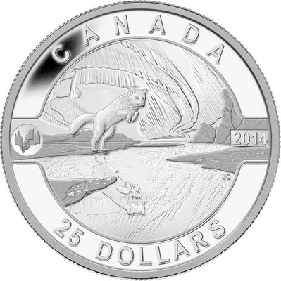 Canada $25 Dollars 2014 Fine Silver Coin O Canada - The Arctic Fox and the Northern Lights