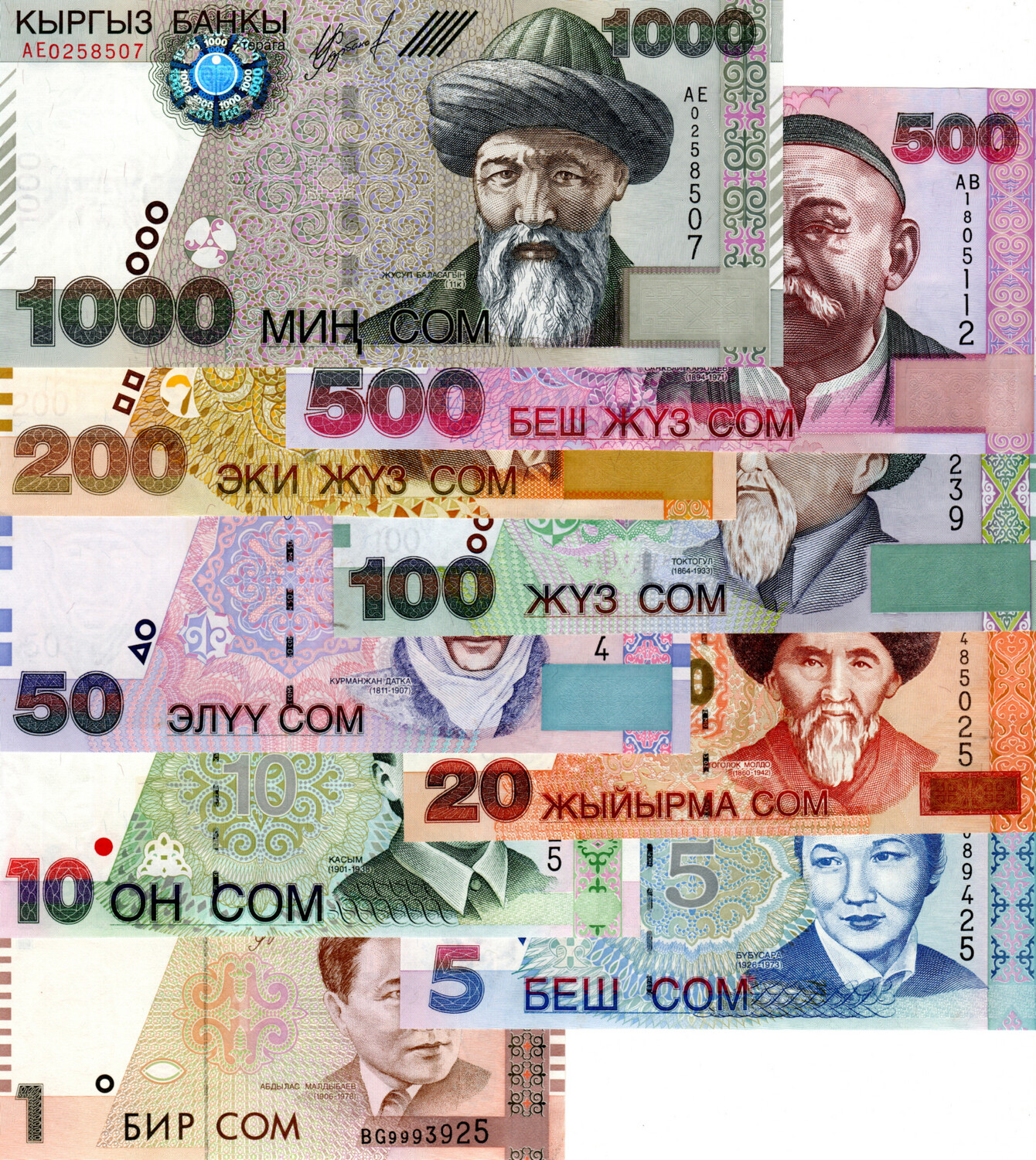 Kyrgyzstan Som UNC Set 1-5-10-20-50-100-200-500-1000 Banknotes Paper Money