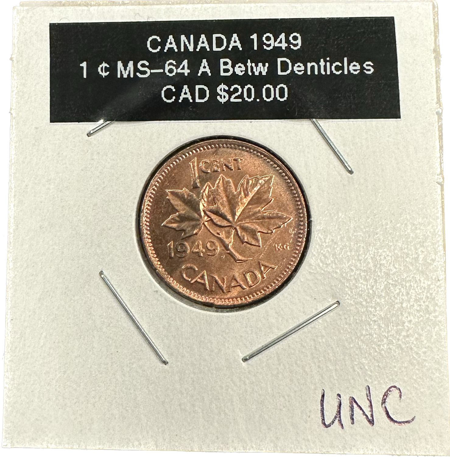 Canada 1 Cent 1949 MS-64 Between Denticles Coin