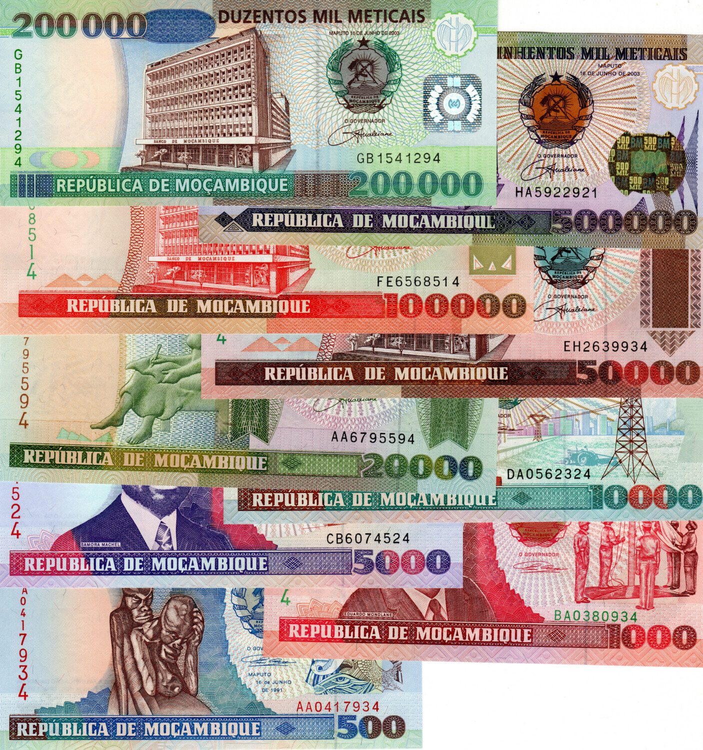 Mozambique Meticais UNC Set 500-1k-5k-10k-20k-50k-100k-200k-500k Banknotes Paper Money