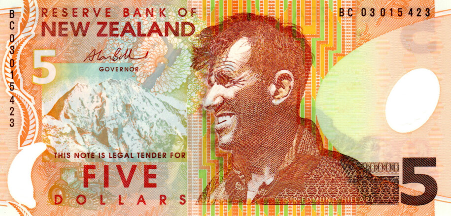 New Zealand $5 Dollars 2003 UNC Polymer Banknote P-185b Prefix BC Bollard Sig. Edmund Hillary Paper Money