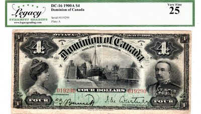 Dominion of Canada $4 Dollars 1900 Legacy VF-25 Banknote Charlton DC-16 Series A Paper Money