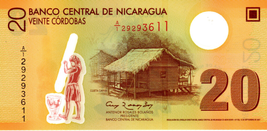 Nicaragua 20 Cordobas 2007(2012) UNC Polymer Banknote P-202b Prefix A/1 Opaque/White &quot;20&quot; Paper Money