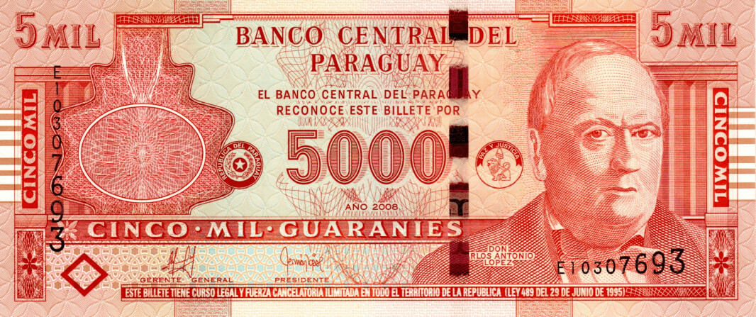 Paraguay 5000 Guaranies 2008 UNC Banknote P-223b Prefix E Leguizamon-Irgoyen Sig. Paper Money