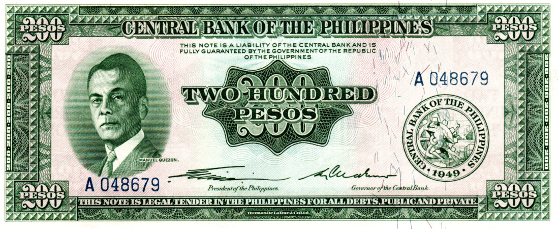 Philippines 200 Pesos 1949 UNC Banknote P-140a Prefix A Quirino-Cuaderno Sig. Paper Money