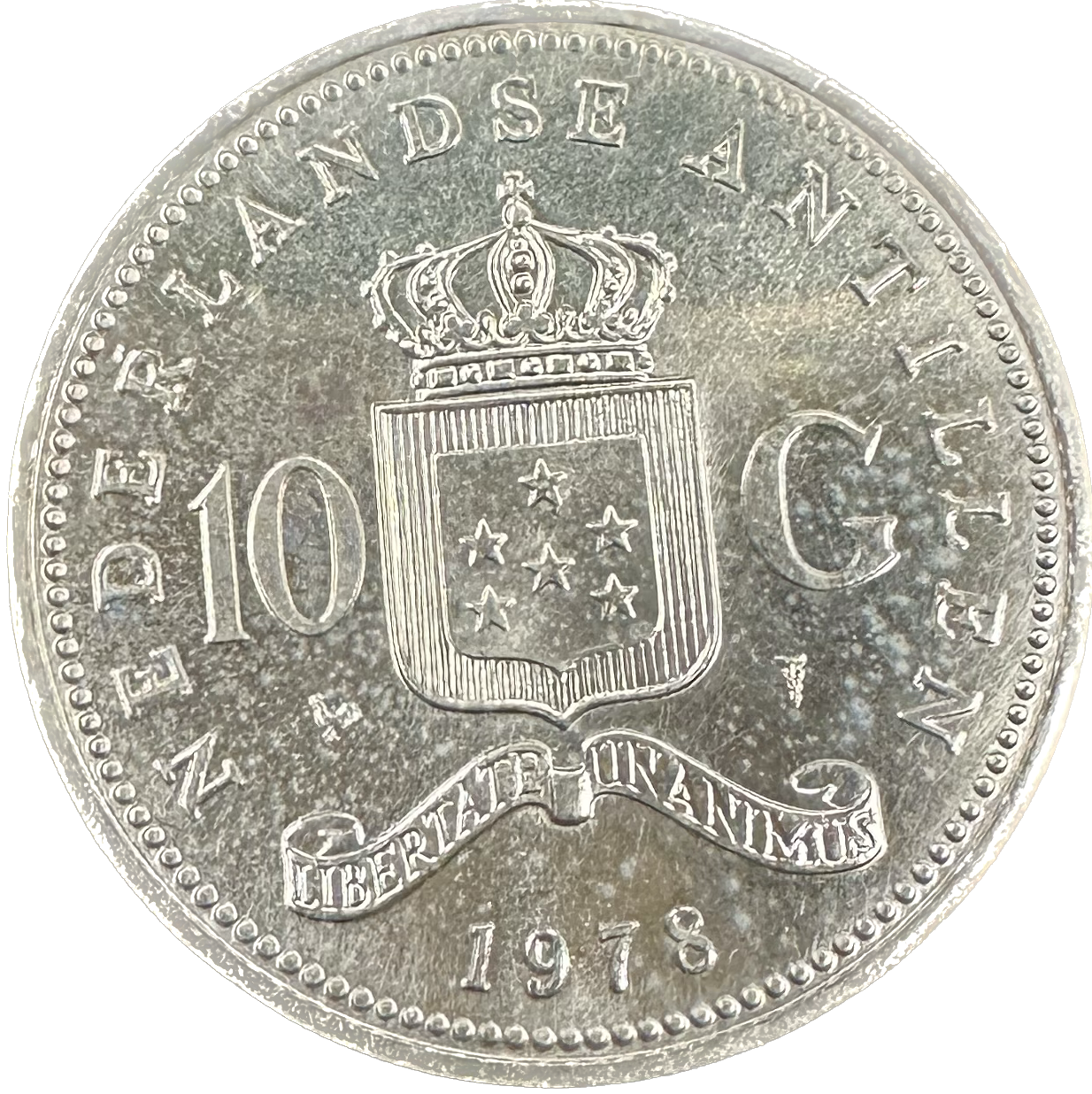 Netherlands Antilles 10 Gulden 1964 Julianna 25.0gr 72% 0.5787 oz ASW Coin