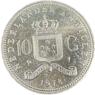 Netherlands Antilles 10 Gulden 1964 Julianna 25.0gr 72% 0.5787 oz ASW Coin