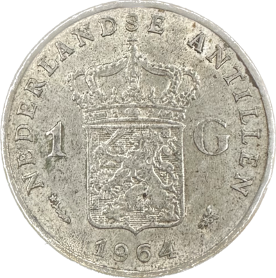 Netherlands Antilles 1 Gulden 1964 Juliana 10gr 72% 0.2315 oz ASW Coin