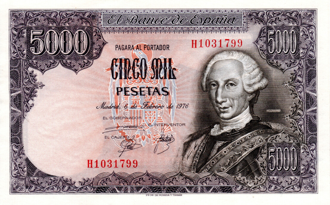 Spain 5000 Pesetas 1976 aUNC Banknotes P-155 Prefix H Paper Money