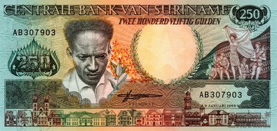 Suriname 250 Gulden 1988 UNC Banknotes P-134 Prefix AB Paper Money