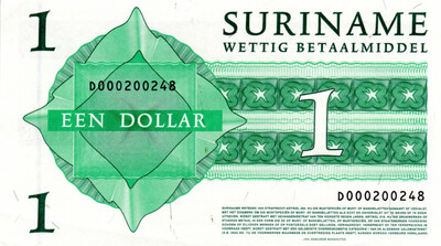 Suriname 1 Dollar 2004 AU Net Banknotes P-155 Prefix D with minor margin tear &amp; rust spot Paper Money