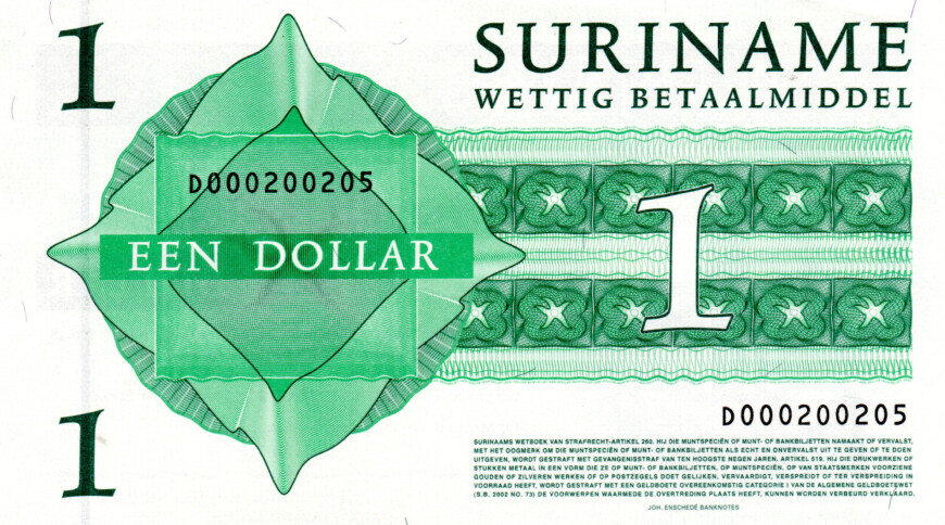 Suriname 1 Dollar 2004 aUNC Banknotes P-155 Prefix D with minor margin tear &amp; rust spot Paper Money