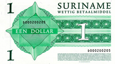 Suriname 1 Dollar 2004 aUNC Banknotes P-155 Prefix D with minor margin tear & rust spot Paper Money