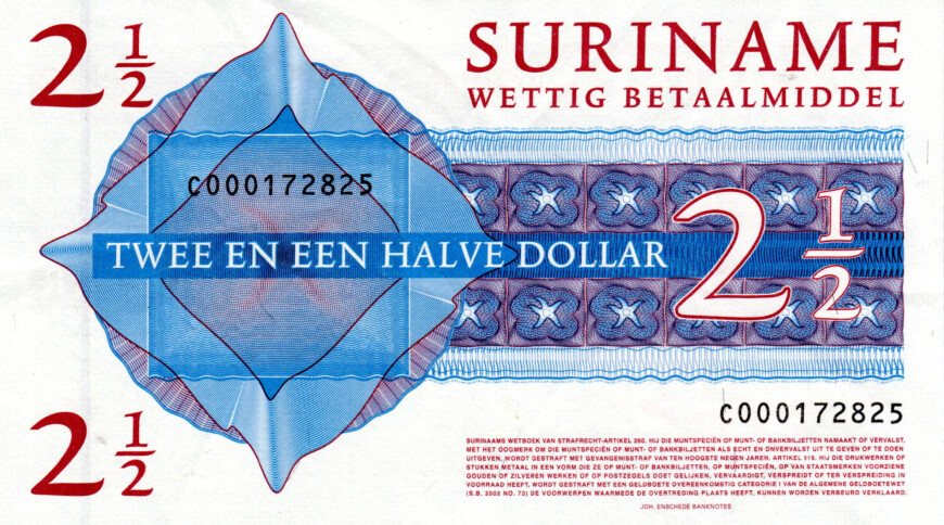 Suriname 2 1/2 Dollars 2004 VF+ Banknotes P-156 Prefix C Paper Money