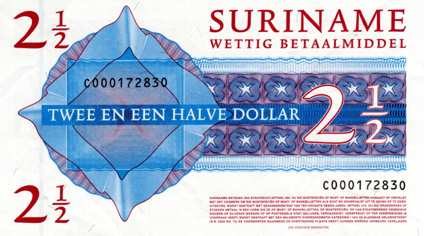 Suriname 2 1/2 Dollars 2004 aXF Banknotes P-156 Prefix C Paper Money