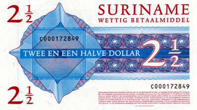 Suriname 2 1/2 Dollars 2004 XF Banknotes P-156 Prefix C Paper Money