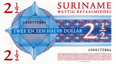 Suriname 2 1/2 Dollars 2004 UNC Banknotes P-156 Prefix C Paper Money