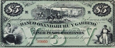 ARGENTINA BANCO OXANDABURU Y GARBINO 5 PESOS BOLIVIANOS 1869 P-S1783r UNC