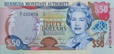 BERMUDA $50 Dollars aUNC QEII Banknote (2000) P-54a Prefix D/1