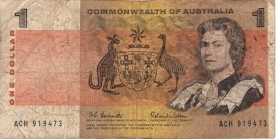 AUSTRALIA $1 Dollar F/VF Banknote (1966) P-37a Coombs-Wilson Sign Prefix ACH