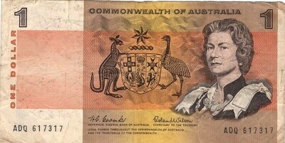 AUSTRALIA $1 Dollar VF Banknote (1966) P-37a Coombs-Wilson Sign Prefix ADQ