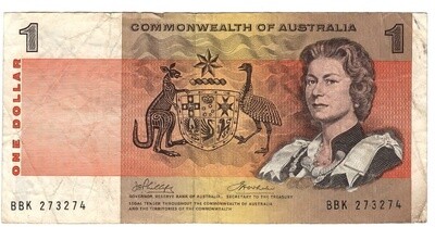 AUSTRALIA $1 Dollar VF Banknote (1972) P-37d Phillips-Wheeler Sign Prefix BBK