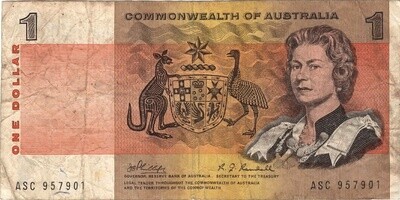 AUSTRALIA $1 Dollar F/VF Banknote (1969) P-37c Phillips-Randall Sign Prefix ASC