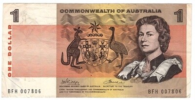 AUSTRALIA $1 Dollar VF/XF Banknote (1972) P-37d Phillips-Wheeler Sign Prefix BFH