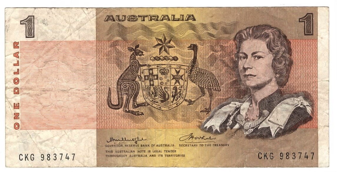 AUSTRALIA $1 Dollar F/VF Banknote (1976) P-42b1 Knight-Wheeler Sign Prefix CKG