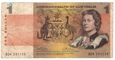 AUSTRALIA $1 Dollar VF Banknote (1972) P-37d Phillips-Wheeler Sign Prefix BDN
