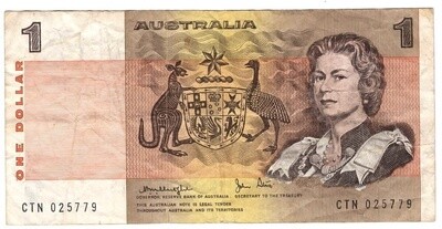 AUSTRALIA $1 Dollar VF Banknote (1979) P-42c Knight-Stone Sign Prefix CTN
